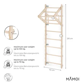 MAMOI® Swedish ladder, Wooden gorilla gym for kids, Indoor baby climbing frame for toddlers, Monkey bars and play gym, Childrens climbing wall, Gymnastics bar and equipment for home