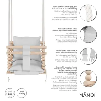 MAMOI® Balancoire bebe pour interieur, Siege balançoire pour bébé, Balancelle de coton en bois naturel, Baby swing pour enfant  à partir de 1 an, 3 en 1