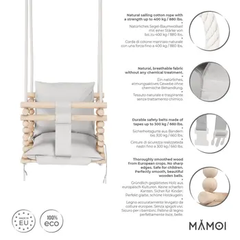 MAMOI® Baby swing Light grey, Toddler sensory seat 3 in 1, Wooden door bouncer for kids, Indoor swings set, Chair from birth for toddlers age 1-3