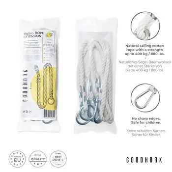 MAMOI® Swing rope 50 kg | 2 x extension of swing rope with metal snap hood | 100% ECO natural rope with snap hook | Made in EU