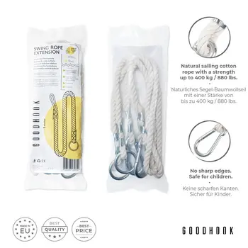 MAMOI® Swing rope 50 kg | 2 x extension of swing rope with metal snap hood | 100% ECO natural rope with snap hook | Made in EU