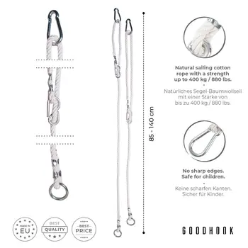 MAMOI® Corde à balancier réglable 85-140 cm | 2 x rallonge de corde à balancier avec mousqueton métallique | Corde en coton naturel avec mousqueton | 100% ECO | Fabriqué dans l'UE