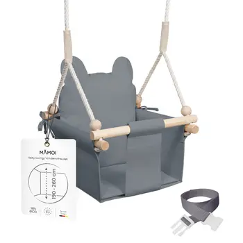 MAMOI® Wooden baby swing seat for toddlers Grey, Indoor toddler swings chair from birth, Kids baby bouncer for garden, Child rocker swing set from 8 months