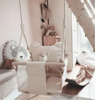 MAMOI® Wooden baby swing seat for toddlers Beige, Indoor toddler swings chair from birth, Kids baby bouncer for garden, Child rocker swing set from 8 months