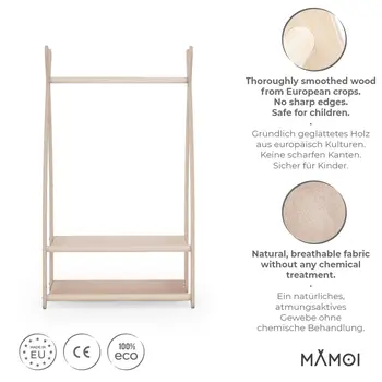 MAMOI® Children clothes rail Beige 53x95x32cm | Dressing up rail for kids made of natural wood | Baby wardrobe clothes storage modern design | Baby accessories | 100% ECO | MADE in EU