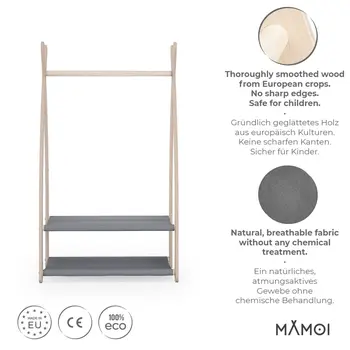 MAMOI® Children clothes rail Grey 53x95x32cm | Dressing up rail for kids made of natural wood | Baby wardrobe clothes storage modern design | Baby accessories | 100% ECO | MADE in EU