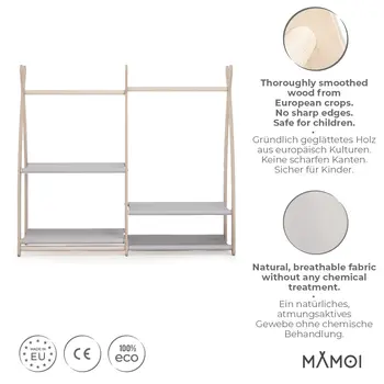 MAMOI® Children clothes rail Light grey 95x106x32cm | Dressing up rail for kids made of natural wood | Baby wardrobe clothes storage modern design | Baby accessories | 100% ECO | MADE in EU