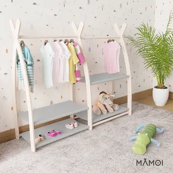 MAMOI® Children clothes rail Light grey 95x106x32cm | Dressing up rail for kids made of natural wood | Baby wardrobe clothes storage modern design | Baby accessories | 100% ECO | MADE in EU