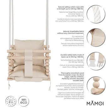 MAMOI® Baby swing Beige, Toddler sensory seat 3 in 1, Wooden door bouncer for kids, Indoor swings set, Chair from birth for toddlers age 1-3