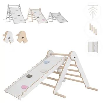 MAMOI® Klettergerüst indoor, Kletterdreieck mit rutsche holz, Baby kinder klettern, Kletterturm rutschbrett, Kletterbogen kinderrutsche, Regenbogenwippe, Montessori spielzeug ab 1 jahr 2/3 jahre