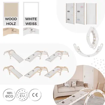 MAMOI® Triangle avec toboggan interieur, Mur escalade pour enfant, Aire de jeux pour bebe, Espalier en bois, Rocker arche à partir de 1/2/3 an, Bascule montessori