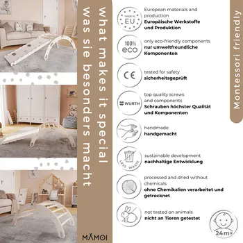 MAMOI® Triangle avec toboggan interieur, Mur escalade pour enfant, Aire de jeux pour bebe, Espalier en bois, Rocker arche à partir de 1/2/3 an, Bascule montessori