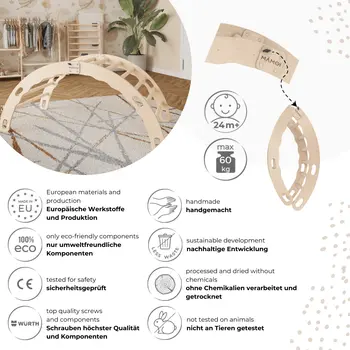 MAMOI® Triangle interieur, Mur escalade pour enfant, Aire de jeux pour bebe, Espalier en bois, Rocker arche à partir de 1/2/3 an, Bascule montessori