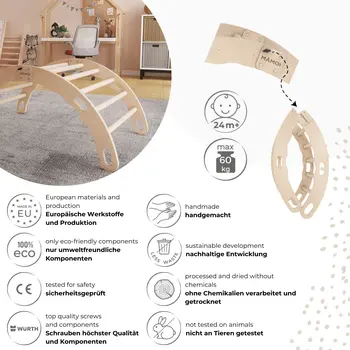 MAMOI® Kletterbogen, Kletterdreieck, Baby klettern, Regenbogenwippe aus holz, Holzbogen für Kinder, Spielplatz, Klettergerüst indoor ab 1 jahr 2/3 jahre, Montessori