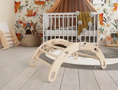MAMOI® Kletterbogen, Kletterdreieck, Baby klettern, Regenbogenwippe aus holz, Holzbogen für Kinder, Spielplatz, Klettergerüst indoor ab 1 jahr 2/3 jahre, Montessori
