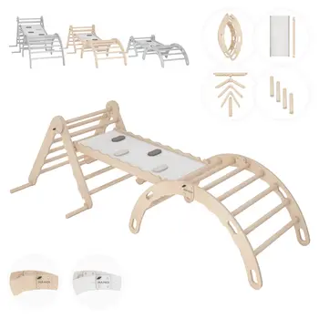 MAMOI® Set : Triangle, arche escalade et toboggan pour enfant, Structure motricité interieur pour bébé, Mur descalade et tobogan intérieur en bois pour bebe, Motricite montessori 3 ans