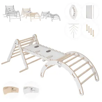 MAMOI® Set Klettergerüst indoor, Kletterdreieck mit rutsche aus holz, Kletterbogen, Baby kinder klettern, Regenbogenwippe mit Rutschbrett, Holzbogen für Spielplatz ab 1/2/3 jahre, Montessori