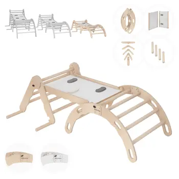 MAMOI® Set Klettergerüst indoor, Kletterdreieck mit rutsche aus holz, Kletterbogen, Baby kinder klettern, Regenbogenwippe mit Rutschbrett, Holzbogen für Spielplatz ab 1/2/3 jahre, Montessori
