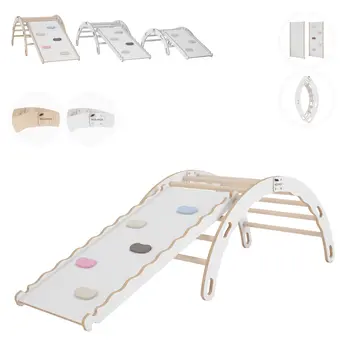 MAMOI® Indoor climbing frame 3 in 1 SET. Montessori climbing arch with cushions, indoor playground 1-3 years and slide for children.