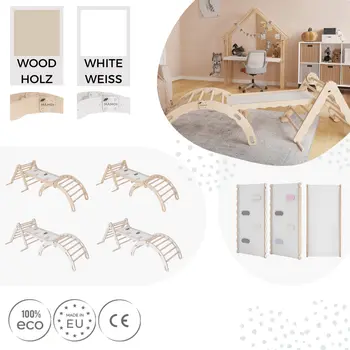 MAMOI® Set Klettergerüst indoor, Kletterdreieck mit rutsche aus holz, Kletterbogen, Baby kinder klettern, Regenbogenwippe mit Rutschbrett, Holzbogen für Spielplatz ab 1/2/3 jahre, Montessori