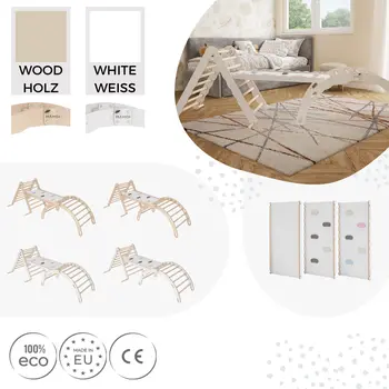 MAMOI® Set : Triangle, arche escalade et toboggan pour enfant, Structure motricité interieur pour bébé, Mur descalade et tobogan intérieur en bois pour bebe, Motricite montessori 3 ans