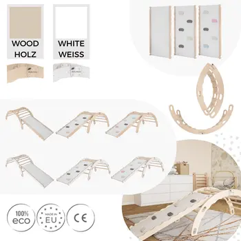 MAMOI® Triangle avec toboggan interieur, Mur escalade pour enfant, Aire de jeux pour bebe, Espalier en bois, Rocker arche à partir de 1/2/3 an, Bascule montessori