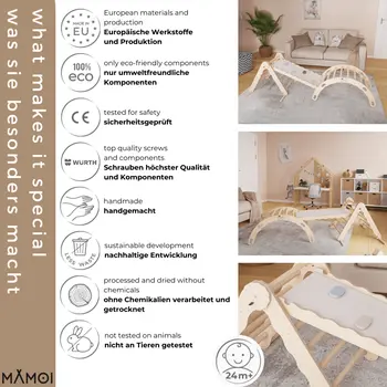 MAMOI® Set Klettergerüst indoor, Kletterdreieck mit rutsche aus holz, Kletterbogen, Baby kinder klettern, Regenbogenwippe mit Rutschbrett, Holzbogen für Spielplatz ab 1/2/3 jahre, Montessori