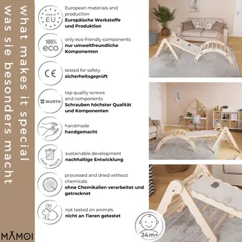 MAMOI® SET: Climbing frame, triangle and slide, Indoor wooden baby gym for toddlers, Toddler rockers, Climbers & play structures montessori from age 1-3 year old
