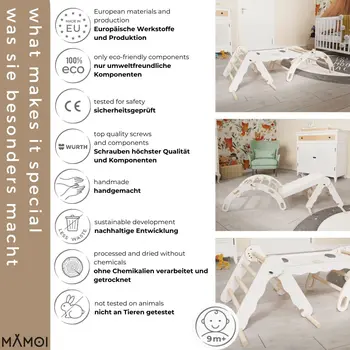 MAMOI® Set: Climbing triangle + Cradle + Slide for children | Climbing frame and slide for kids minimalist design | Yarnwood triangle for toddlers with slide 100% ECO | Made in EU