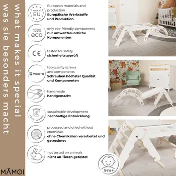 MAMOI® Set : Triangle, arche escalade et toboggan pour enfant, Structure motricité interieur pour bébé, Mur descalade et tobogan intérieur en bois pour bebe, Motricite montessori 3 ans