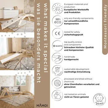 MAMOI® Triangle avec toboggan interieur, Mur escalade pour enfant, Aire de jeux pour bebe, Espalier en bois, Rocker arche à partir de 1/2/3 an, Bascule montessori