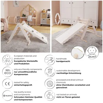 MAMOI® Triangle descalade avec toboggan interieur pour enfant, Mur escalade intérieur en bois pour bebe à partir de 1/2/3 an, Motricité libre montessori