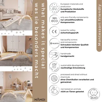 MAMOI® Kletterbogen mit rutsche, Kletterdreieck, Baby klettern, Regenbogenwippe aus holz, Holzbogen für Kinder, Rutschbrett für spielplatz, Klettergerüst indoor ab 1 jahr 2/3 jahre, Montessori