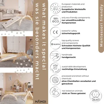 MAMOI® Kletterbogen mit rutsche, Kletterdreieck, Baby klettern, Regenbogenwippe aus holz, Holzbogen für Kinder, Rutschbrett für spielplatz, Klettergerüst indoor ab 1 jahr 2/3 jahre, Montessori