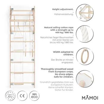 MAMOI® Klettergerüst Indoor, Sprossenwand für kinderzimmer, Turnringe kinder für klettern, Kletterwand und spielgeräte Yarnwood, Turngeräte mit Klimmzugstange für drinnen, Sportgeräte ab 3 jahre