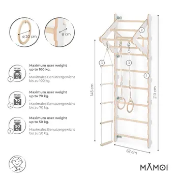 MAMOI® Klettergerüst Indoor, Sprossenwand für kinderzimmer, Turnringe kinder für klettern, Kletterwand und spielgeräte Yarnwood, Turngeräte mit Klimmzugstange für drinnen, Sportgeräte ab 3 jahre