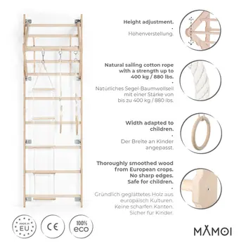 MAMOI® Swedish ladder, Wooden gorilla gym for kids, Indoor baby climbing frame for toddlers, Monkey bars and play gym, Childrens climbing wall, Gymnastics bar and equipment for home