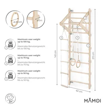 MAMOI® Swedish ladder, Wooden gorilla gym for kids, Indoor baby climbing frame for toddlers, Monkey bars and play gym, Childrens climbing wall, Gymnastics bar and equipment for home
