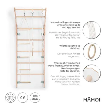 MAMOI® Espalier en bois, Mur escalade suedois pour enfant, Échelle suedoise pour bebe, Jeux descalade et gym avec accessoires, Barre et anneaux gymnastique