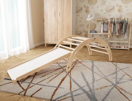 MAMOI® Triangle avec toboggan interieur, Mur escalade pour enfant, Aire de jeux pour bebe, Espalier en bois, Rocker arche à partir de 1/2/3 an, Bascule montessori