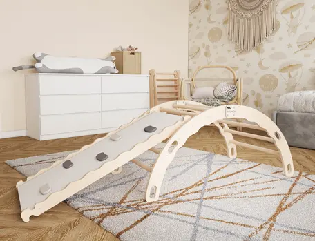 MAMOI® Triangle avec toboggan interieur, Mur escalade pour enfant, Aire de jeux pour bebe, Espalier en bois, Rocker arche à partir de 1/2/3 an, Bascule montessori