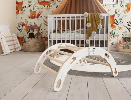 MAMOI® Kletterbogen, Kletterdreieck, Baby klettern, Regenbogenwippe aus holz, Holzbogen für Kinder, Spielplatz, Klettergerüst indoor ab 1 jahr 2/3 jahre, Montessori