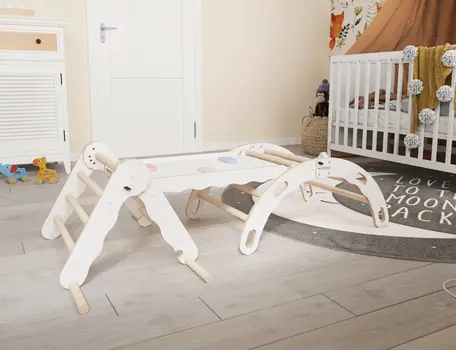 MAMOI® Set : Triangle, arche escalade et toboggan pour enfant, Structure motricité interieur pour bébé, Mur descalade et tobogan intérieur en bois pour bebe, Motricite montessori 3 ans