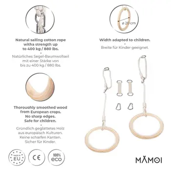 MAMOI® Trapez schaukel, Turnringe aus holz, Turngeräte für kinder indoor und outdoor, Ringe schaukel, Turnen mit Holzschaukel, Gymnastikringe und Trapezstange