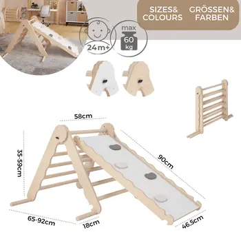 MAMOI® Klettergerüst indoor, Kletterdreieck mit rutsche holz, Baby kinder klettern, Kletterturm rutschbrett, Kletterbogen kinderrutsche, Regenbogenwippe, Montessori spielzeug ab 1 jahr 2/3 jahre