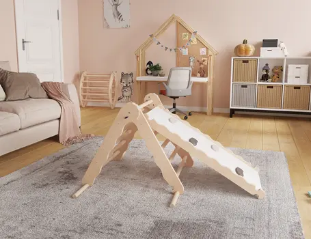 MAMOI® Klettergerüst indoor, Kletterdreieck mit rutsche holz, Baby kinder klettern, Kletterturm rutschbrett, Kletterbogen kinderrutsche, Regenbogenwippe, Montessori spielzeug ab 1 jahr 2/3 jahre