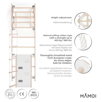 MAMOI® Swedish ladder, Wooden gorilla gym for kids, Indoor baby climbing frame for toddlers, Monkey bars and play gym, Childrens climbing wall, Gymnastics bar and equipment for home