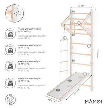 MAMOI® Swedish ladder, Wooden gorilla gym for kids, Indoor baby climbing frame for toddlers, Monkey bars and play gym, Childrens climbing wall, Gymnastics bar and equipment for home