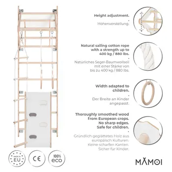 MAMOI® Klettergerüst Indoor, Sprossenwand für kinderzimmer, Turnringe kinder für klettern, Kletterwand und spielgeräte Yarnwood, Turngeräte mit Klimmzugstange für drinnen, Sportgeräte ab 3 jahre