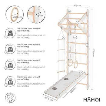 MAMOI® Klettergerüst Indoor, Sprossenwand für kinderzimmer, Turnringe kinder für klettern, Kletterwand und spielgeräte Yarnwood, Turngeräte mit Klimmzugstange für drinnen, Sportgeräte ab 3 jahre